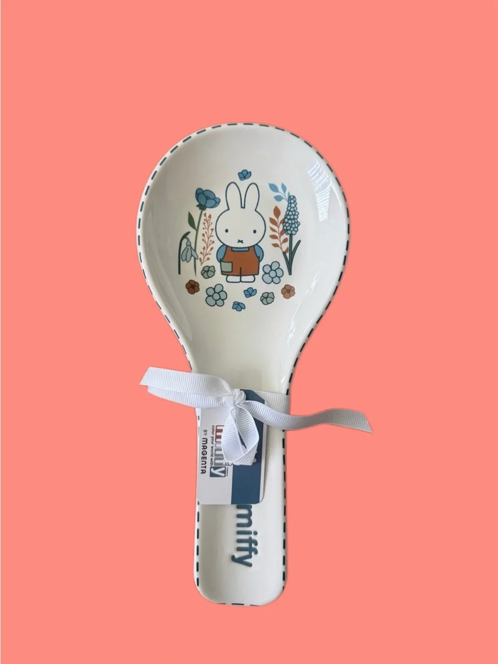 MIFFY White Spoon Rest with Blue and Orange Floral Illustration